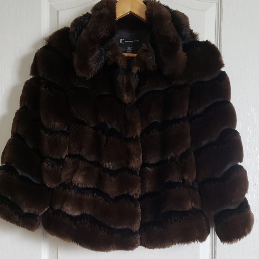 INC Faux fur Coat, Brown and black, Size Medium.